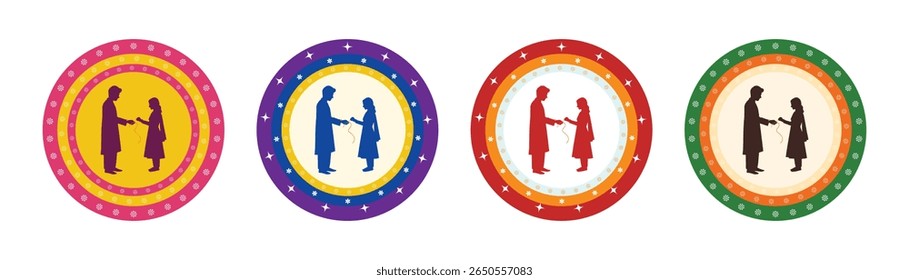 Raksha Bandhan Festival Badge Collection Com Irmão Irmã Silhuetas para cartões de saudação e uso de pôster no fundo branco