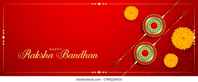 raksha bandhan festival banner with rakhi and marigold flower