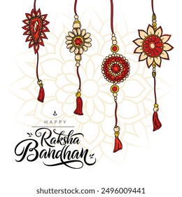 Raksha Bandhan greeting card, banner with colorful crafted rakhi bracelets and calligraphy lettering text.