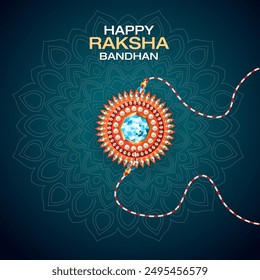  A Raksha Bandhan greeting card with a blue background and a white mandala design a golden rakhi with a diamond like stone is tied to a red and white thread HAPPY RAKSHA BANDHAN is written in white