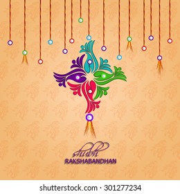 Raksha bandhan greeting card or illustration with beautiful Rakhi.