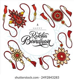 Raksha Bandhan greeting card with set of rakhi talisman sacred threads that symbolize family ties from sisters to brothers. Happy Raksha Bandhan traditional Indian holiday festival poster, banner