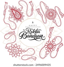 Raksha Bandhan greeting card with set of rakhi talisman sacred threads that symbolize family ties from sisters to brothers. Happy Raksha Bandhan traditional Indian holiday festival poster, banner