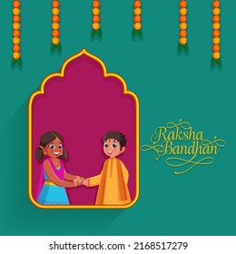 Raksha Bandhan Greeting Card With Sister Tying Rakhi To Her Brother On Pink And Green Background.