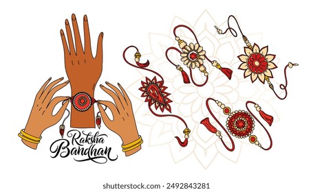 Raksha Bandhan illustration set with Tying a rakhi from sister to brother on his hand. Collection of various rakhi ceremonial bounds for design poster, banner, or greeting card