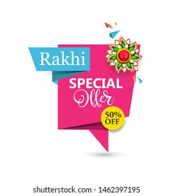 Raksha Bandhan Offer Banner Design Template with 50% Discount Tag, special offer with decorated rakhi and gift