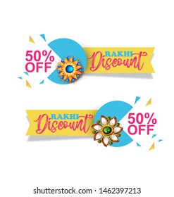 Raksha Bandhan Offer Banner Design Template with 50% Discount Tag, special offer with decorated rakhi and gift