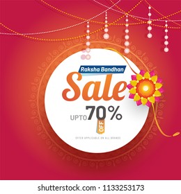 Raksha Bandhan poster or flyer design with 70% discount offer and illustration of a floral rakhi (Wristband) for festival celebration concept.