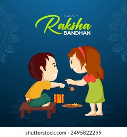 Raksha Bandhan Rakhi Festival of brother and sister bonding celebration  girl tie rakhi to brother boy gift to sister occasion celebrating on blue Background Indian festival