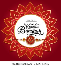 Raksha Bandhan. Rakhi traditional Indian festival with rakhi bracelet talisman amulet sacred thread gift from sister to brother symbolized family bound. Greeting card, poster, banner with calligraphy