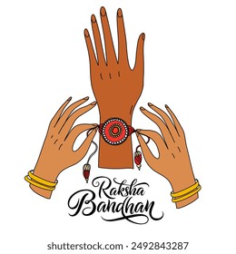 Raksha Bandhan. Rakhi traditional Indian festival with rakhi bracelet talisman amulet sacred thread gift from sister to brother symbolized family bound. Greeting card, poster, banner with calligraphy 