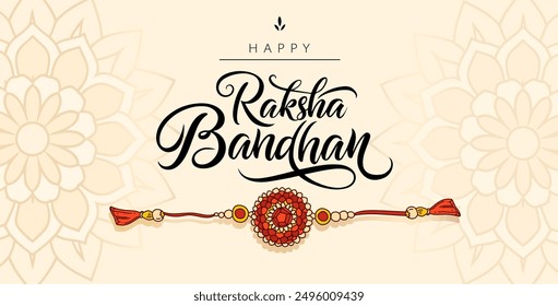 Raksha Bandhan. Rakhi traditional Indian festival with rakhi bracelet talisman amulet sacred thread gift from sister to brother symbolized family bound. Greeting card, poster, banner with calligraphy