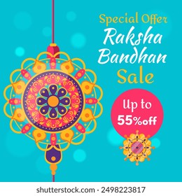 Raksha Bandhan Sale Banner with Beautiful Rakhi and Discount Up To 55% Off. Special Offer.