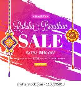 Raksha Bandhan Sale banner or poster design with Extra 35% discount offer and hanging rakhi (wristbands) on brush stroke background.