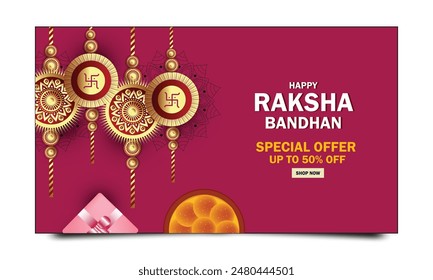 Raksha Bandhan Sale banner or poster design with 50% discount offer