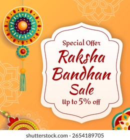 Raksha Bandhan Sale Banner for social media ads. Special Offer. Up to 5% off. Vector. Illustration. Brother Sister Bond. Rakhi Offer. Rakhi (Wrist band) Sale. 5% off.