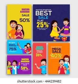 Raksha Bandhan Sale with Discount Offer, Creative Social Media Post, Header or Banner set with cute characters, Concept for Indian Festival of Brothers and Sisters celebration.