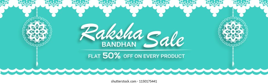 Raksha Bandhan Sale, Flat 50% Discount Offer, Rakhi (wristbands) And Decorated White Lacy Pattern On Turquoise Background.