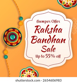Raksha Bandhan cartaz de venda com um fundo laranja apresenta ilustrações decorativas Rakhi. Bumper Oferta Raksha Bandhan Venda Até 55% fora. Banner de venda Rakhi para anúncios.