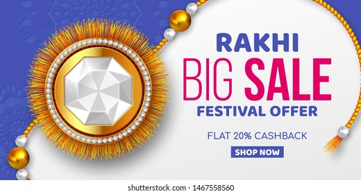 Raksha Bandhan sale promotion banner decorated rakhi. Rakhi festival discound offer. Vector illustration.