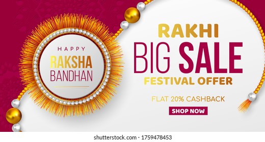 Raksha Bandhan sale promotion banner decorated rakhi. Rakhi festival discount offer. Vector illustration.