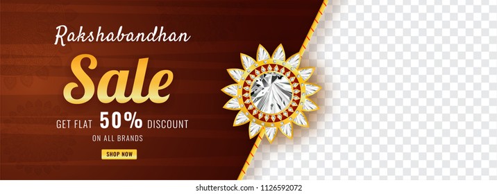 Raksha Bandhan sale social media header or banner design with 50% discount and space for your text.