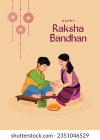 Raksha Bandhan, Sister is tying Rakhi on her brother's wrist, Rakhi celebration in India, Cute little sister and brother with beautiful background, Rakhi Festival colorful BG and Character, Bhai Dooj.