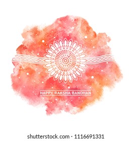 Raksha Bandhan vector greeting card design with watercolor background. Stylized rakhi amulet illustration with typographic  composition. Watercolor uneven rounded shape with orange, pink, red stains.