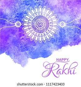 Raksha Bandhan vector greeting card design. Stylized flat style rakhi amulet illustration with typographic  composition and watercolor background. Blue, violet, purple watercolor stains, uneven edge.