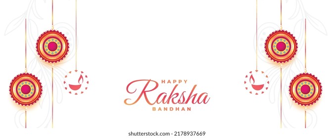 banner del festival blanco raksha bandhan con rakhi y diseño de diya colgante 