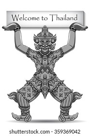 Rakshasa Thai statue. Black outlines isolated on white background with text. Indian, Arabic, Islamic, African, Hindu, Thai, ottoman motifs. Ethnic, tattoo art, spiritual boho design.