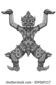 Rakshasa Thai statue. Black outlines isolated on white background with text. Indian, Arabic, Islamic, African, Hindu, Thai, ottoman motifs. Ethnic, tattoo art, spiritual boho design.