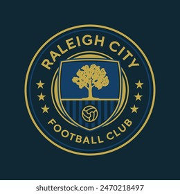 Raleigh football club, North Carolina, USA. Soccer club emblem. Football badge shield logo, soccer ball team game club elements.