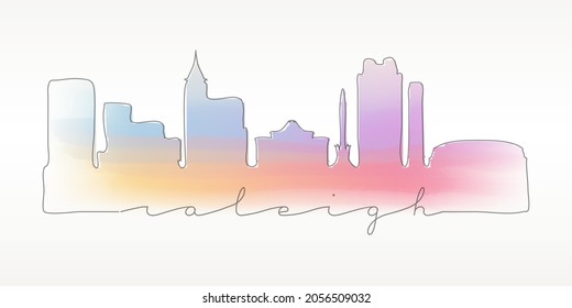 Raleigh, NC, USA Skyline Watercolor City Illustration. Famous Buildings Silhouette Hand Drawn Doodle Art. Vector Landmark Sketch Drawing.