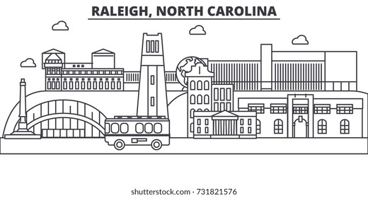 Raleigh, North Carolina architecture line skyline illustration. Linear vector cityscape with famous landmarks, city sights, design icons. Landscape wtih editable strokes