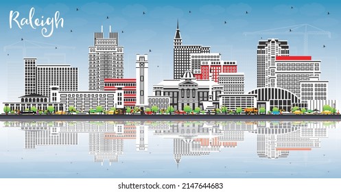 Raleigh North Carolina City Skyline with Color Buildings, Blue Sky and Reflections. Vector Illustration. Raleigh Cityscape with Landmarks. Travel and Tourism Concept with Modern Architecture.