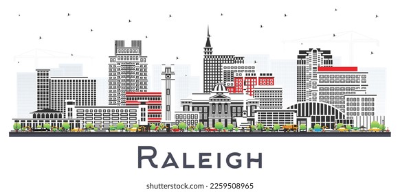 Raleigh North Carolina City Skyline with Color Buildings Isolated on White. Vector Illustration. Raleigh Cityscape with Landmarks. Business Travel and Tourism Concept with Modern Architecture.