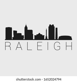 Raleigh North Carolina. The Skyline in Silhouette of City. Black Design Vector. The Famous and Tourist Monuments. The Buildings Tour in Landmark.