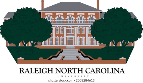 Raleigh north carolina university building illustration with trees in front and print ready eps file. north carolina american architectural university. willmington. charlotte