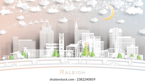 Raleigh North Carolina. Winter city skyline in paper cut style with snowflakes, moon and neon garland. Christmas, new year concept. Santa Claus on sleigh. Raleigh USA cityscape with landmarks.