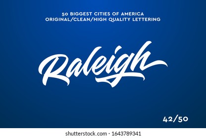 Raleigh, USA hand made calligraphic lettering in original style. US cities typographic script font for prints, advertising, identity. Hand drawn touristic art in high quality. Travel and adventure