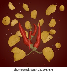 Ralistic potato chips. Vector illustration. Snack product. Taste of red hot chili pepper.