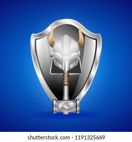 Ralistic silver helmet, shield and hammer isolated on blue background