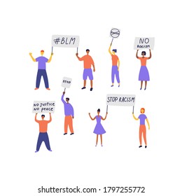 Rally against racism. Protest movement against violence and inequality. People advocate for gender and racial equality. Hand drawn flat vector illustration