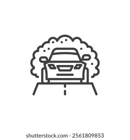 Rally Car front view line icon. linear style sign for mobile concept and web design. A car with dust on road outline vector icon. Off-road racing symbol, logo illustration. Vector graphics