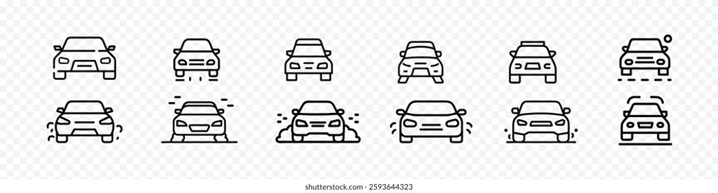 Rally Car Front View Line Icon with Dust on Road, car icon font view, sports car icon, running speed cars icons