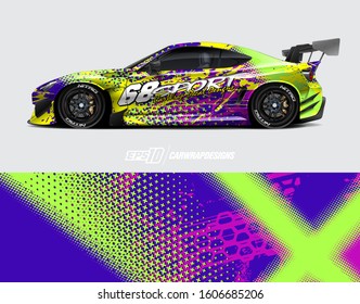 Rally car graphic livery design vector. Graphic abstract stripe racing background designs for wrap cargo van, race car, pickup truck, adventure vehicle. Eps 10