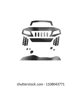 Rally car icon in halftone style. Black and white monochrome vector illustration.