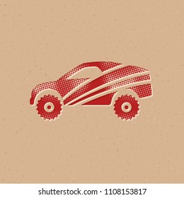 Rally car icon in halftone style. Grunge background vector illustration.
