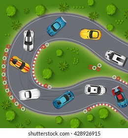 Rally Cars Drifting Top View Background Vector Illustration